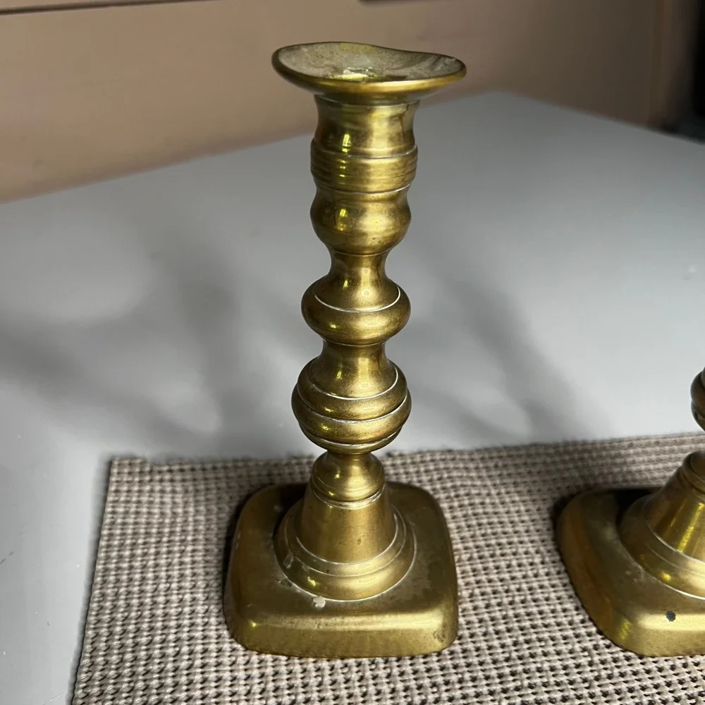 Vintage Solid Brass Candlestick Holders Pair 7 Inch Square Base Traditional Set